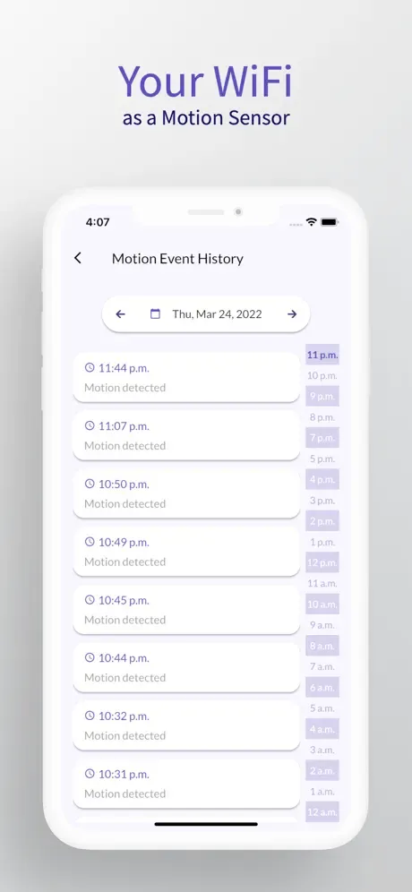 Motion event history list with timestamped detections throughout the day