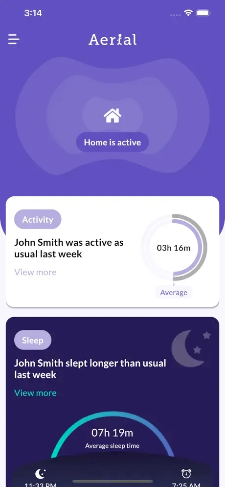 Aerial app home screen showing active home status with activity and sleep summaries