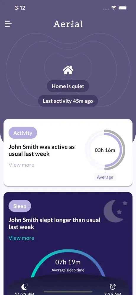 Aerial app displaying quiet home status with last detected activity time