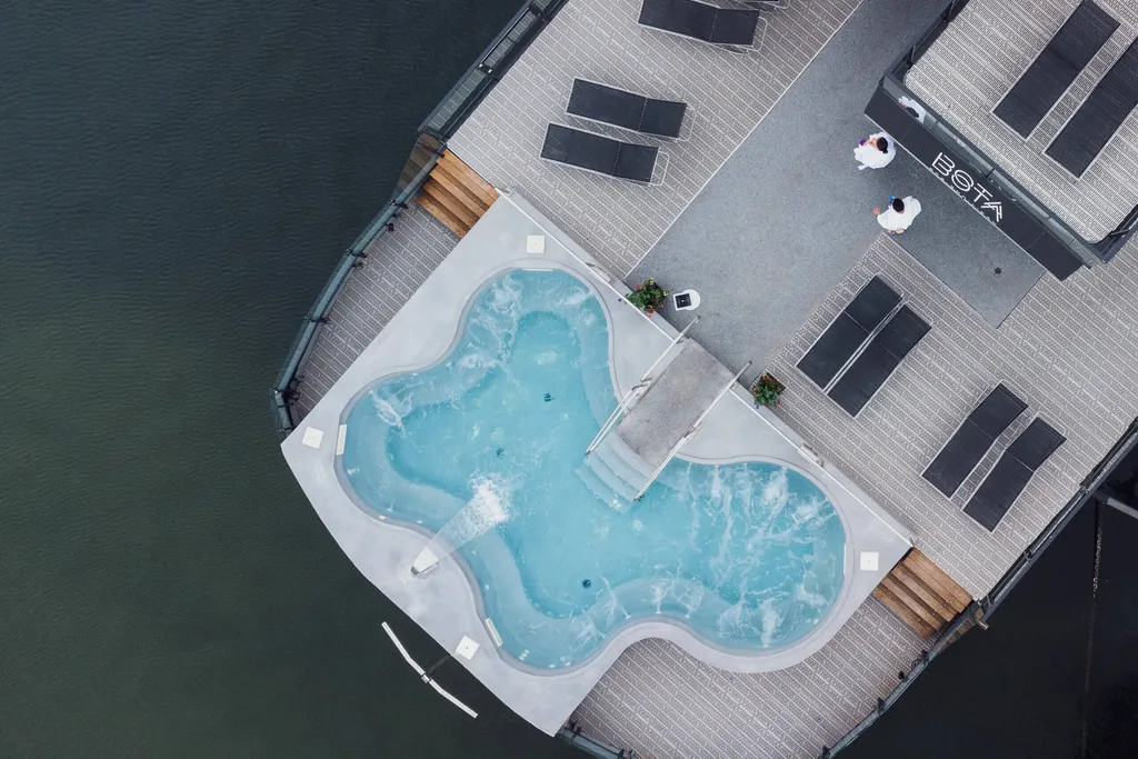 Aerial view of Bota Bota rooftop pools and sun deck from above